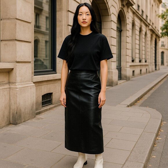NEW Rem Garson Black Genuine Leather High-Waisted Maxi Skirt with Tags - Vintage - Picture 1 of 9